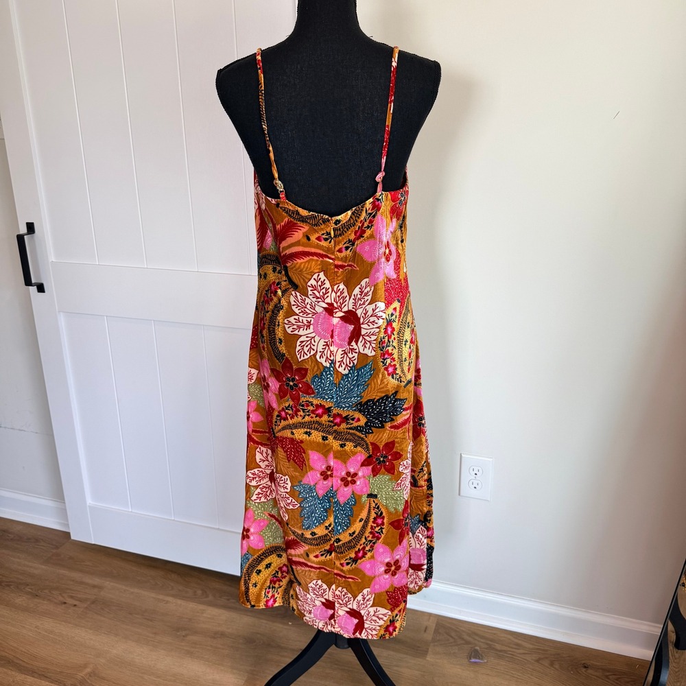 FARM Rio Banana Floral Velvet Midi Dress Small Orange Pink Tropical Slit Slip S - Picture 5 of 7